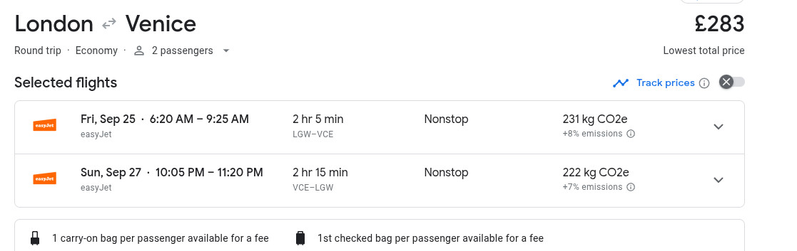 easyJet flight booking — London to Venice return for 2 passengers